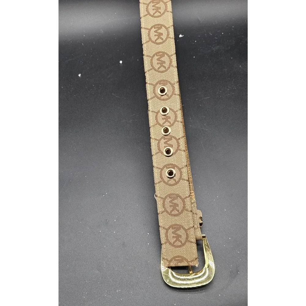 Michael Kors Signature Monogram Logo Canvas Leather Belt Gold Buckle Size L